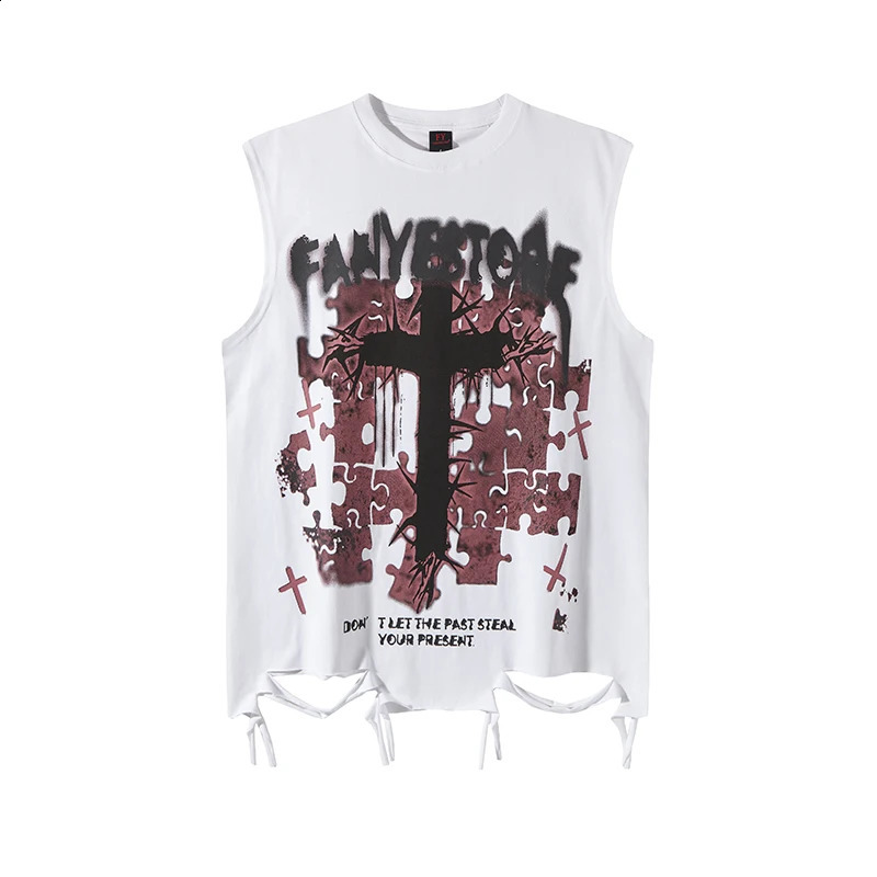 Summer Retro Cross Printed Tank Tops Y2k Men Oversize Sleeveless White Tshirt Hole Cut Vintage Washed Vest Cotton Streetwear 250517