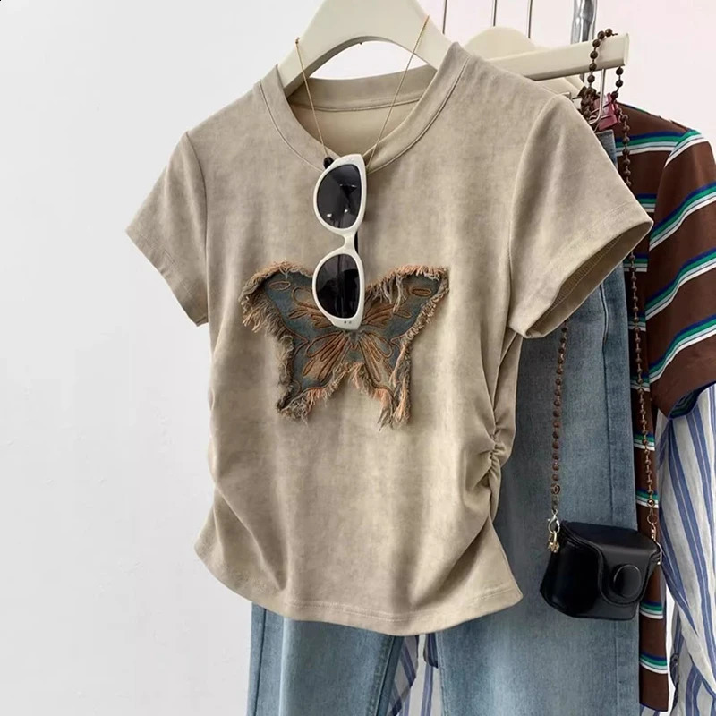 Butterfly Women T Shirt Korean Crop Top Summer Short Sleeve Tees Tshirts Femme Slim Drawstring Y2K Ladies Appliques Clothing 250517