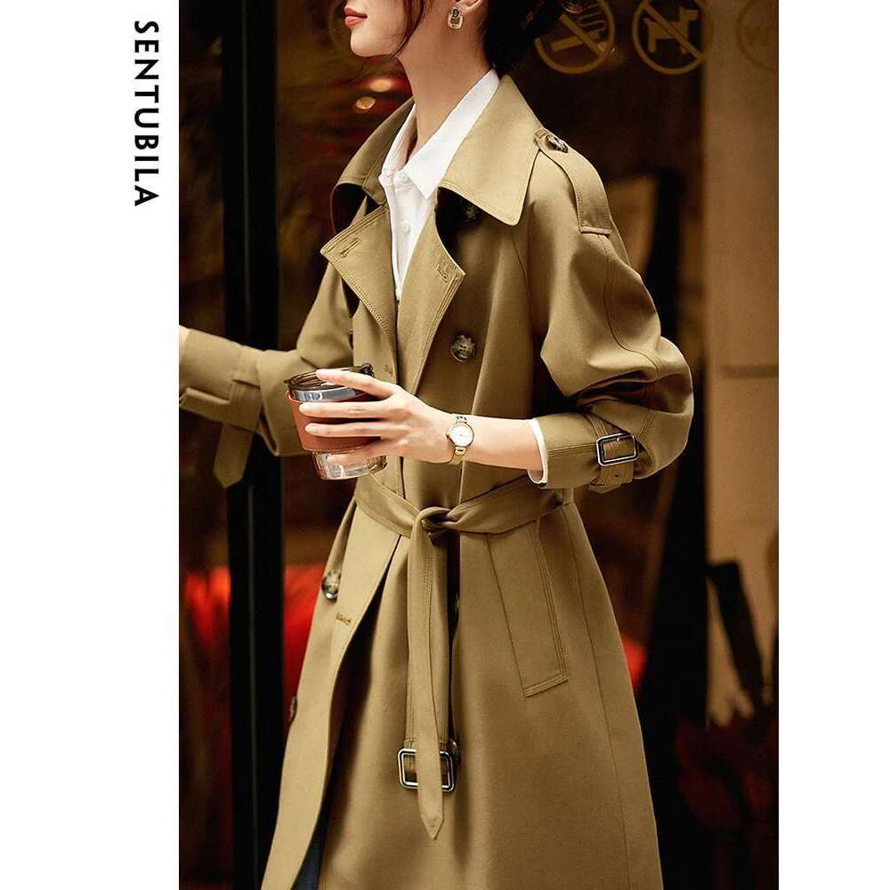 SENTUBILA Women's Belted Trench Coat Elegant Long Windbreaker Jacket Autumn Winter Double Breasted Maillard Outerwear 123F42871