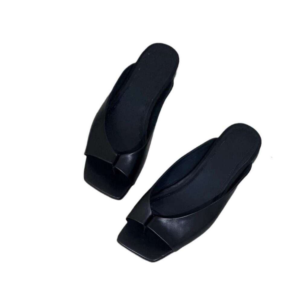 Genuine Leather Square Open Toe Slip-On for Women 2024 Summer New Style Edged Low Heel Flat Casual Versatile Sandals