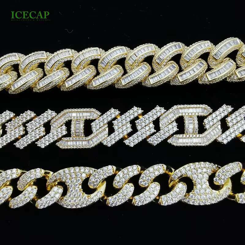 Zhixuan Custom Fully Iced Out Baguette Round Cut VVS Moissanite Cuba Chain 925 Silver Diamond Necklace Hiphop Style Chain