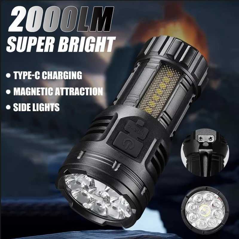 2000LM Mini 9LED Flashlight Multifunctional Magnetic Strong Light Work Torch Cob Side Light Outdoor Waterproof Camping LanternXJ250529