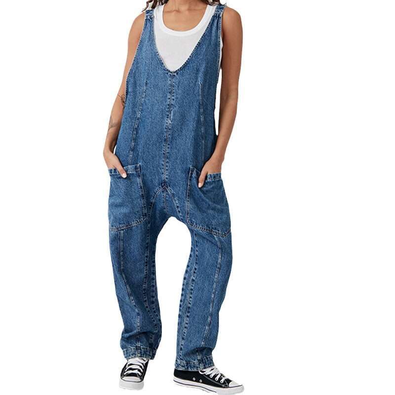 Autumn Winter Quick Buy New V-Neck Pocket Adjustable Strap Denim Jumpsuit B5