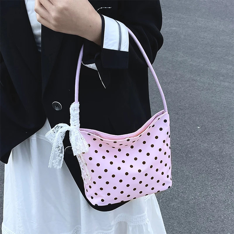 Pure Color Polka Dot Handbag Shoulder Bag Women Nylon Underarm Bags Retro Chic Bucket Trendy Korean Style Tote Handbag 250528