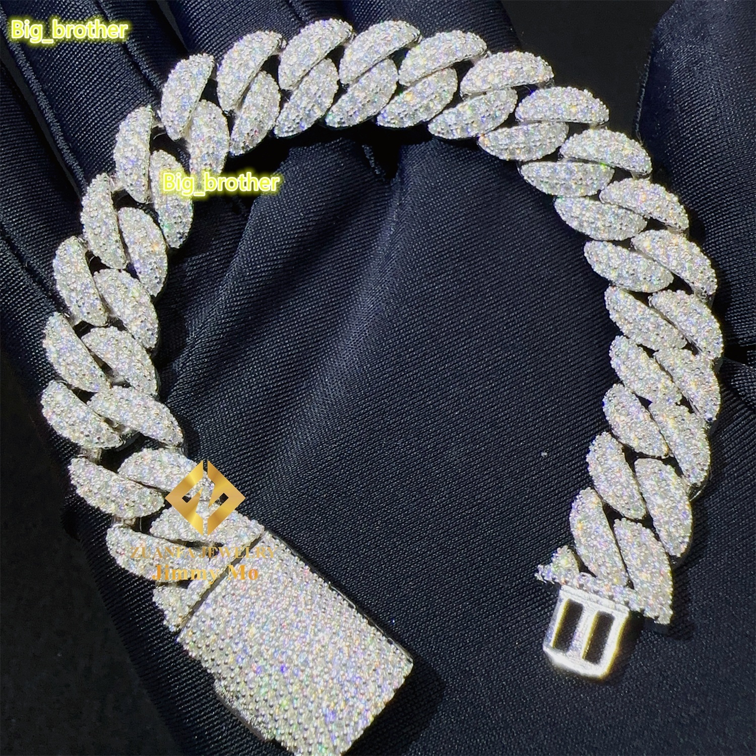 Fashion Style 12mm Two Row 925 Solid Silver Iced Out Hip Hop Fire Jewelry VVS Moissanite Best Quality Cuban Link Chain Bracelet