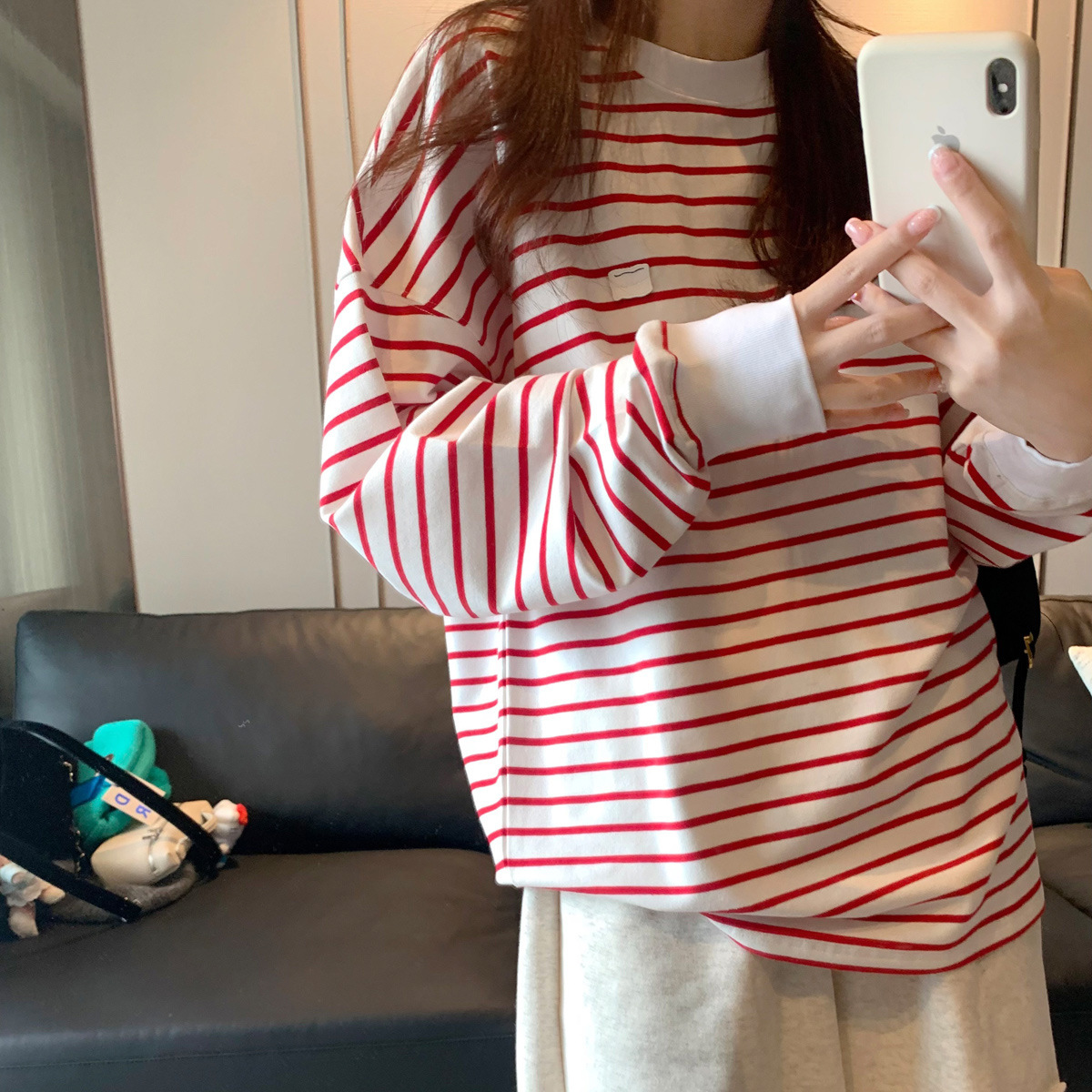 DO3210 Spring and Autumn new long-sleeved T-shirt for women, loose and versatile round-neck sweater, striped ins top for women