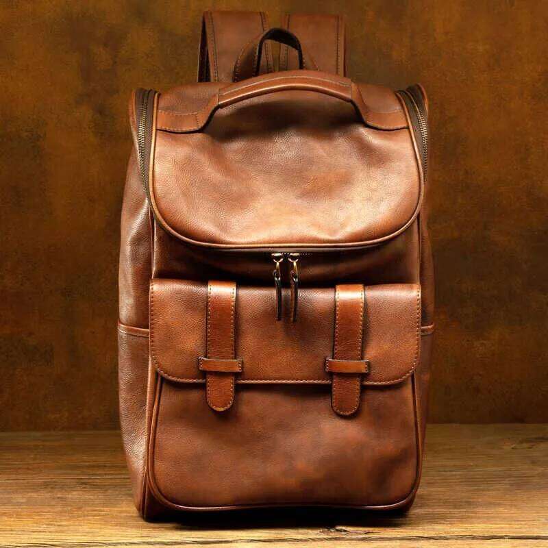 Retro Trend Handmade Genuine Leather Backpack For Men And Women, Top Layer Vegetable Tanned Cowhide Double Shoulder Bag