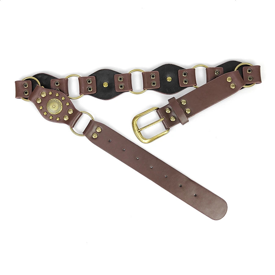 Western cowboy style metal buckle PU leather belt for womens retro rivet decoration needle buckle wide belt 250523