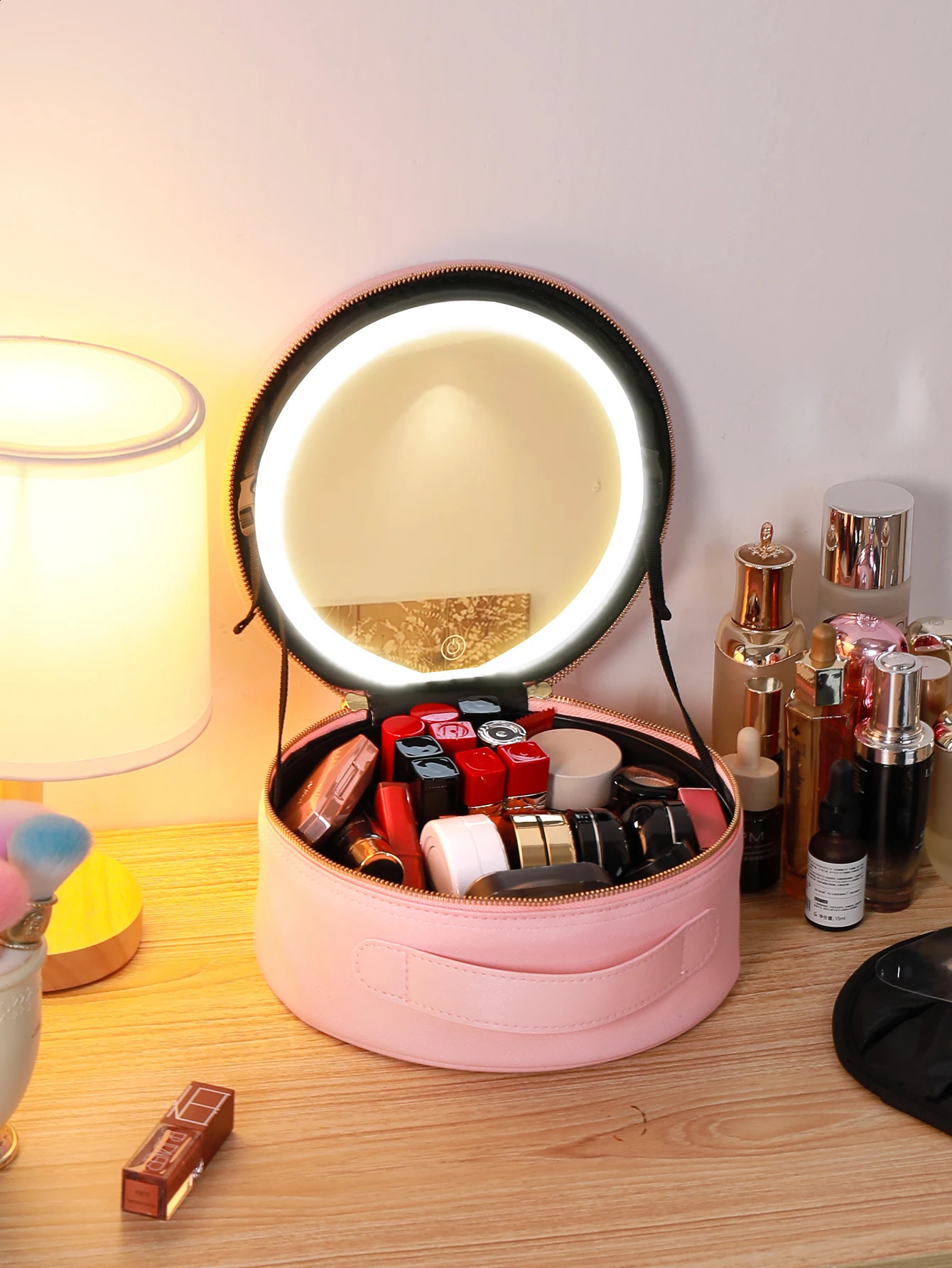 Travel PUMakeup Bag With LED Mirror Portable Cosmetic And Light Rechargeable Makeup Lights 250528