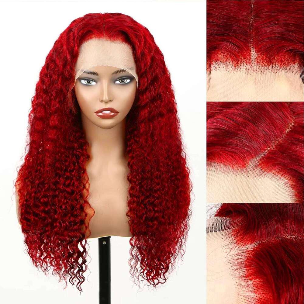 210% Density Deep Wave Front Human Hair 13x6 Red Transparent Lace Wigs For Women