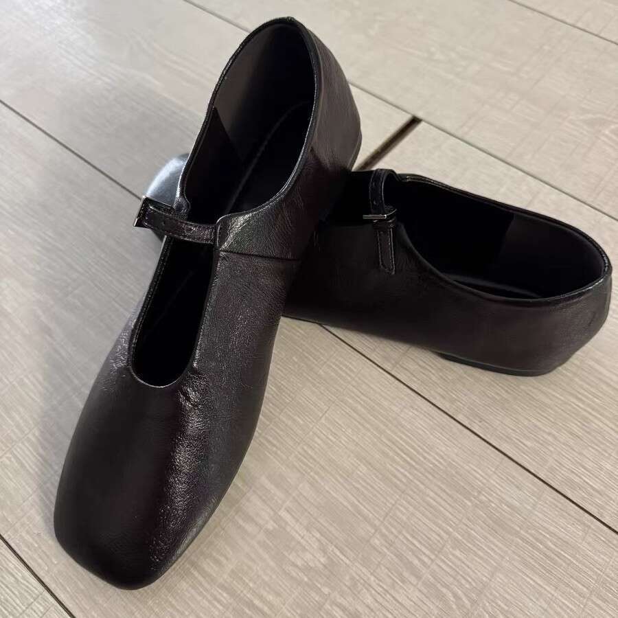 Genuine Leather French One-Strap Ballet Flats for Women 2025 Spring Square Toe Flat Mary Jane Shoes