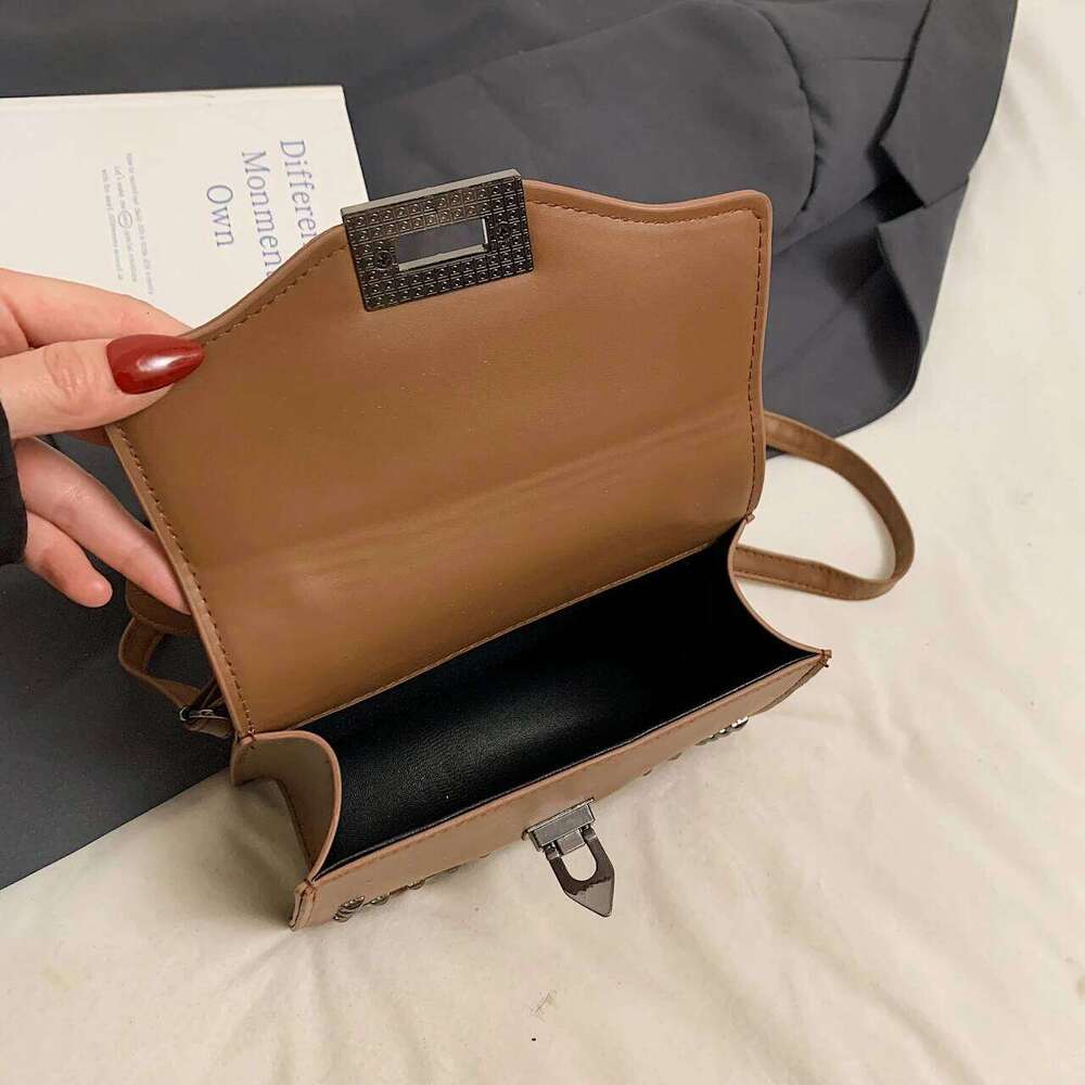 Black Small Square For Women Retro Rivet Crossbody Famous Brand Handbag Solid Color Pu Leather Lady Shoulder Bag Khaki