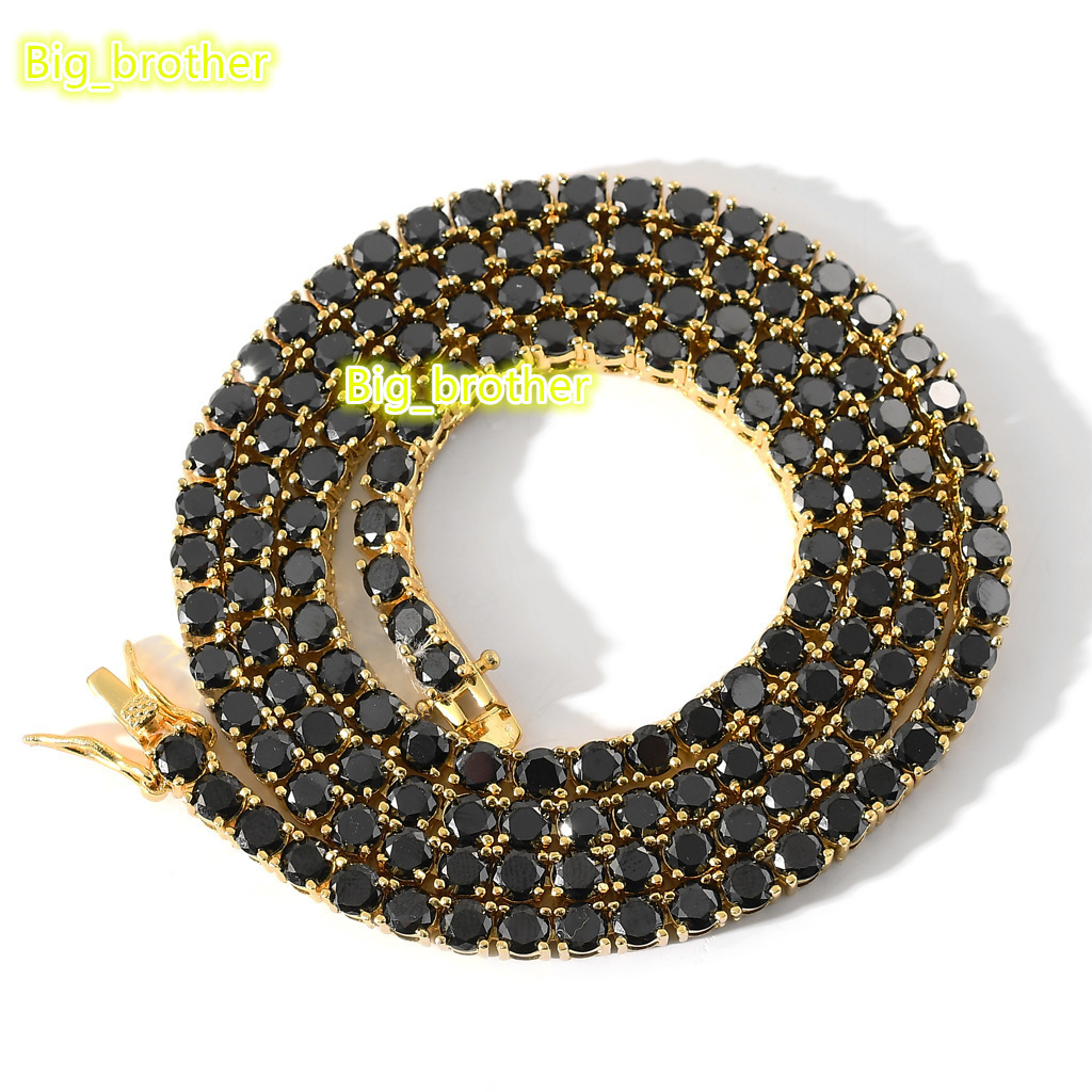 Fashion Quality Men Black 4mm 16 Inch Moissanite Tennis Chain Necklace Hiphop Gold Plated Jewelry for Men with Black Zircon