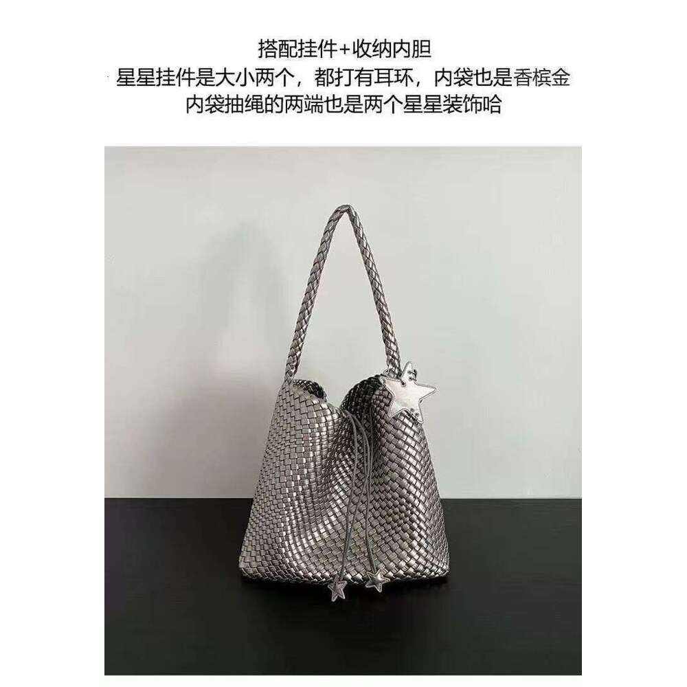 Tote Bag Braided Handbag Trendy Live Champagne Color Woven Tote For Women Large Capacity Genuine Leather Handbag Shoulder Bucket Bag Shoulder Bag