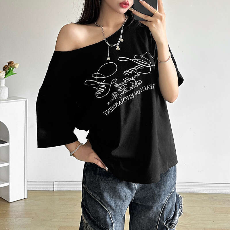 Summer New Women's American Street Fashion Letter Print Asymmetric Shoulder Loose T-Shirt Top B5