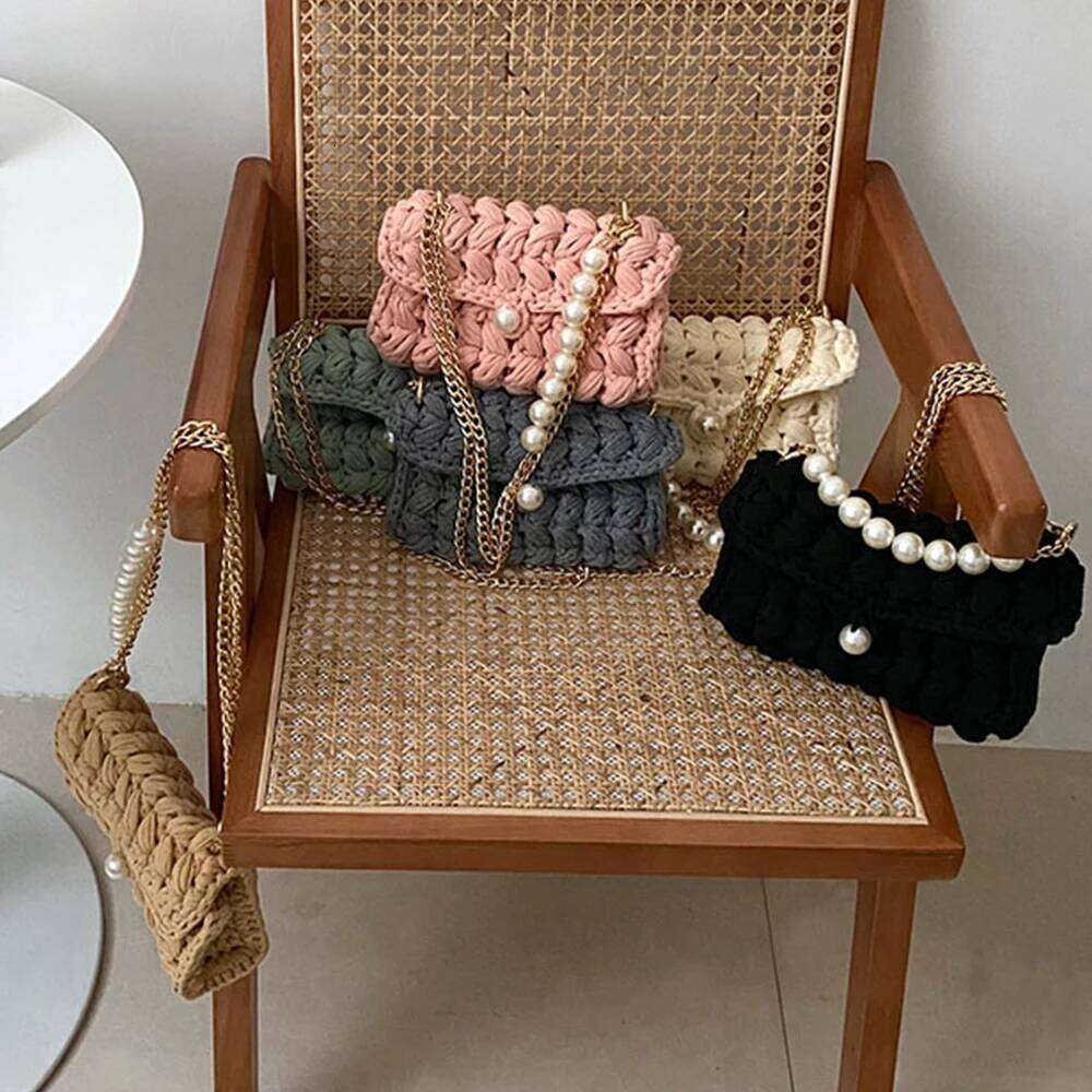 Women's Bags Designer Handmade Rope Crochet Women's Shoulder Designer Knitting Crossbody Bags For Women Handbags Pearls Chains Sling Bag Tot