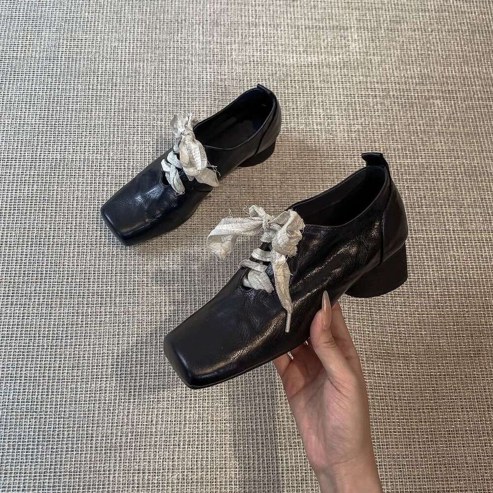 Genuine Artistic Style Niche Square Toe Lace-up High-end Chunky Heel Single for Women 2025 Spring New Small Leather Shoes