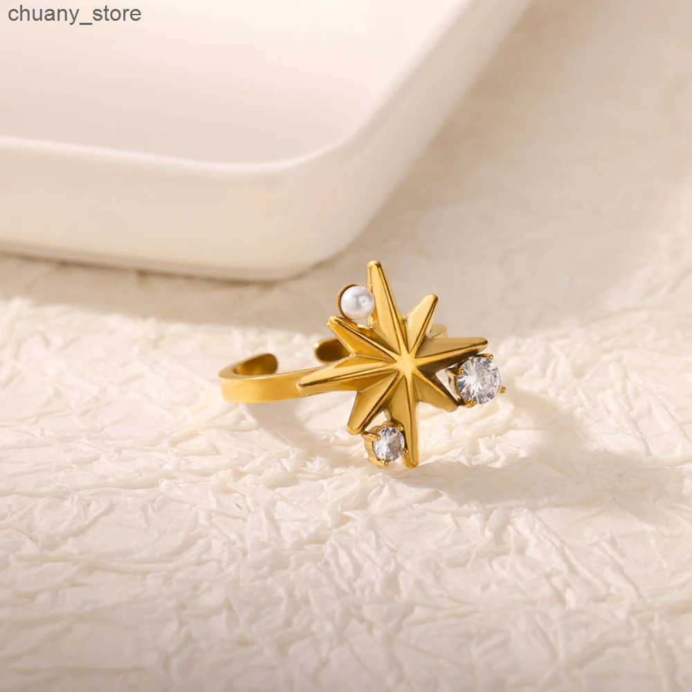 Zircon Pearl Creative Shape Design Stainless Steel Gold Plated Ring for Women Open Adjustable Charm Jewelry Accessory Trendy New z250529KGYF