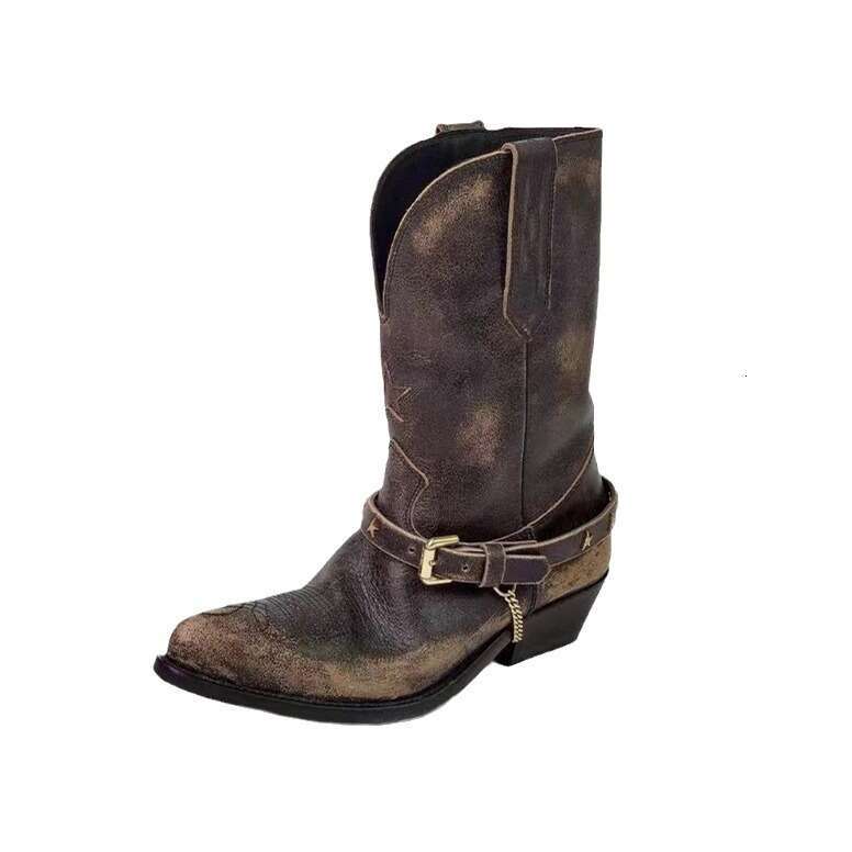 Genuine Leather Distressed Western Cowboy for Women, Chunky Heel, Pointed Toe, V-Cut, Pull-On, Belt, Mid-Calf, Martin Boots, Short Boots