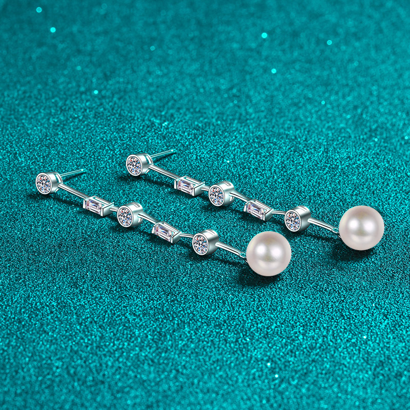 925 Sterling Silver Tassel Stud Earrings, Moissanite Freshwater Pearl Earrings, PT950 Gold Plated, Fashionable Chic Women's Jewelry, Wholesale In