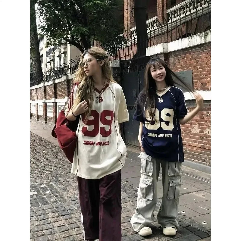 Classic Retro Loose Sports Plus Size Tshirt Striped Letter Print Oversized Female Street Hiphop Casual Y2K Top 250519