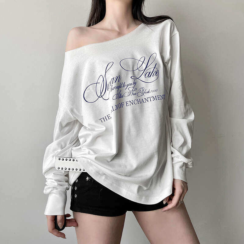 Summer New Women's American Street Fashion Letter Print Asymmetric Shoulder Loose T-Shirt Top B5