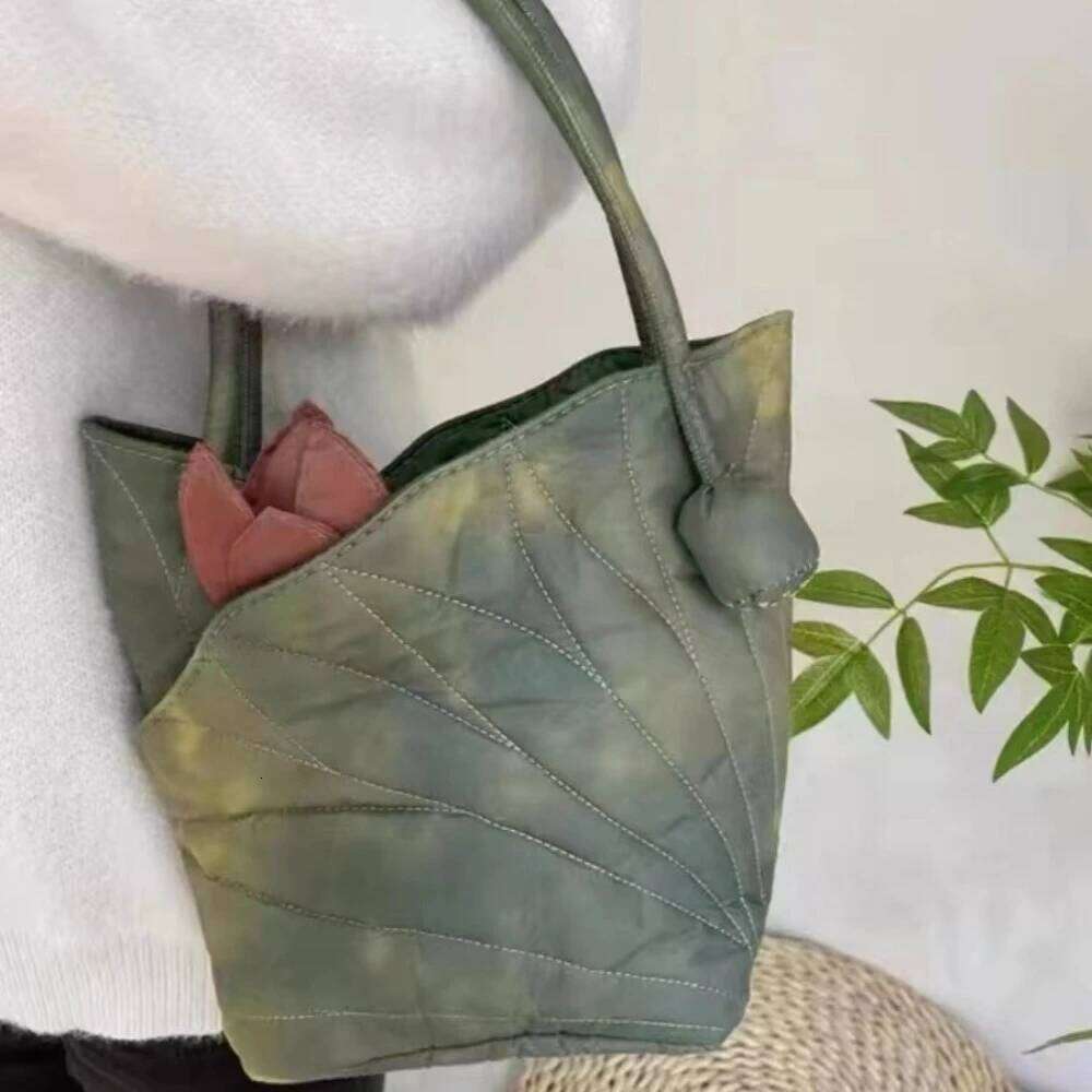 Niche design new lotus leaf hand carry shoulder Tote bag retro style fashion versatile bucket bags