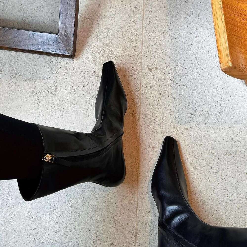 Square Toe Stiletto Cat Heel Side Zipper Slim Short Mid-Calf Women 2024 Autumn Winter Fashion Martin Boots