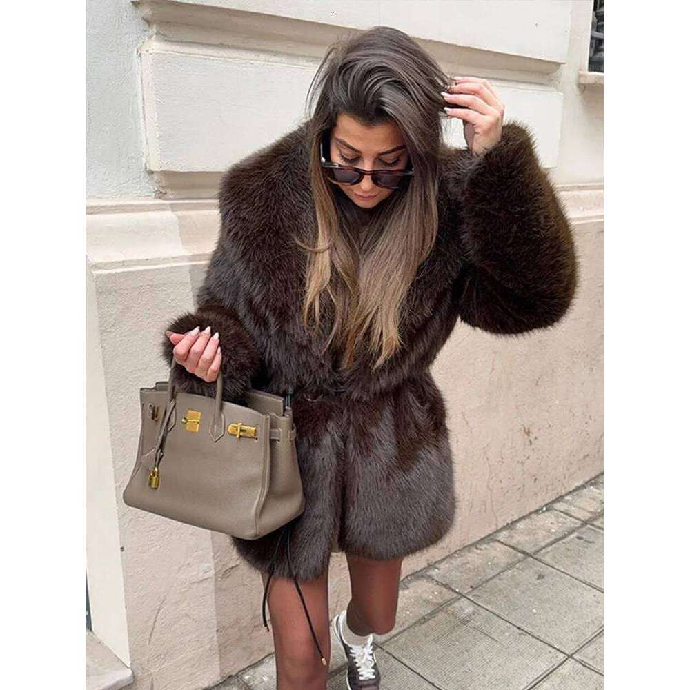 With Belt Fur Coat Fluffy Large Heart Shaped Waist Cinching Deep V Mid Length Overcoat Warm Plush Women Trend Outwear Winter Top
