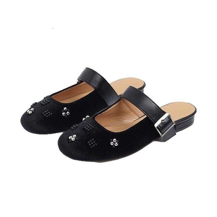 Genuine Leather Velvet Korean Style Round Toe for Women Outdoor 2025 Spring Summer Versatile Mary Jane Mules Sandals