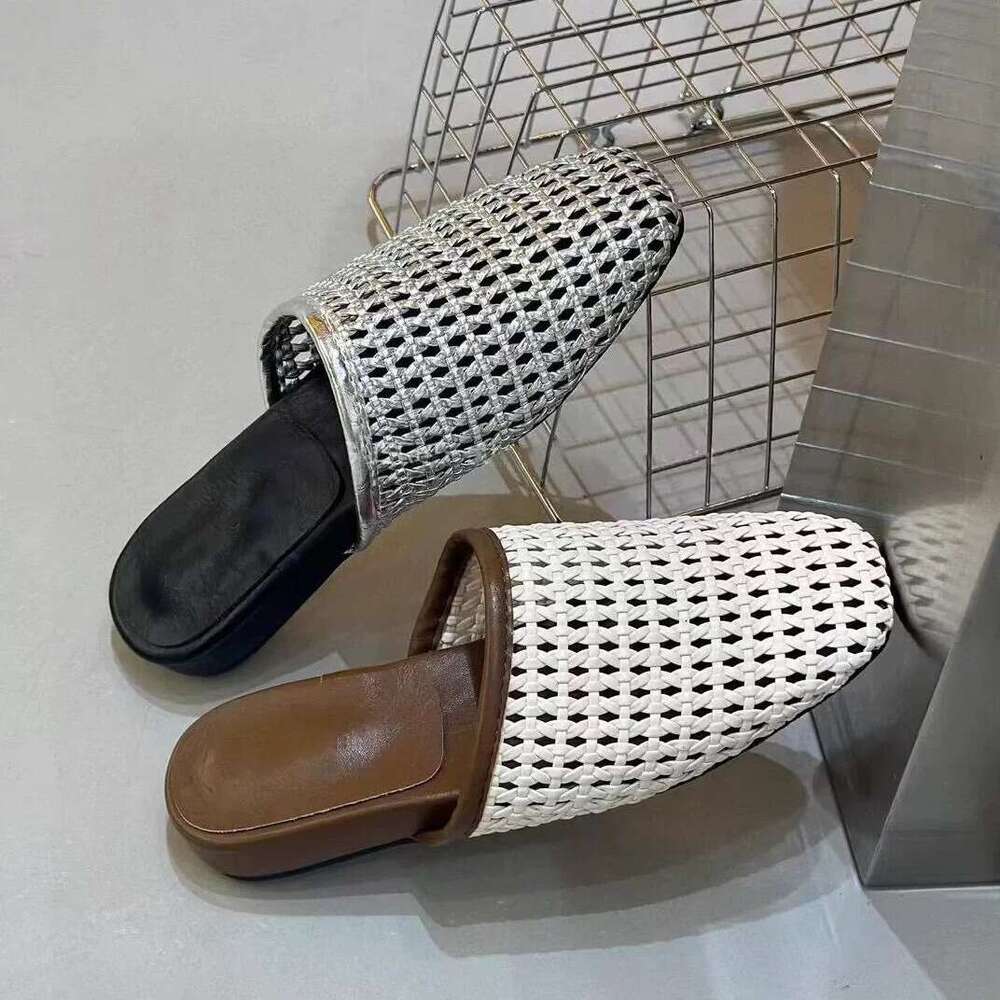 Sheepskin Version~Korean Style Woven Hollow Out Closed-Toe Half Slippers Women 2025 New Summer Thick-Soled Flat Sandals for Outdoor Wear