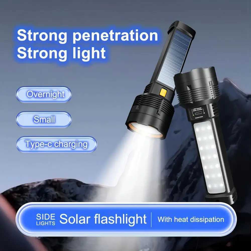 Multi-function Solar LED Flashlight Lantern Outdoor Long Range Torch Emergency Power Bank LED Solar Flashlight XJ250529