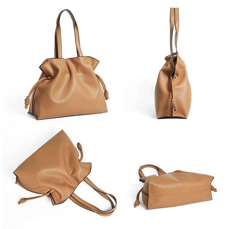 2025 High-End Women's Bucket Lady Unique Drawstring Pleated Shoulder Bag Soft Split Cowhide Leather Cloud Tote Handbag New