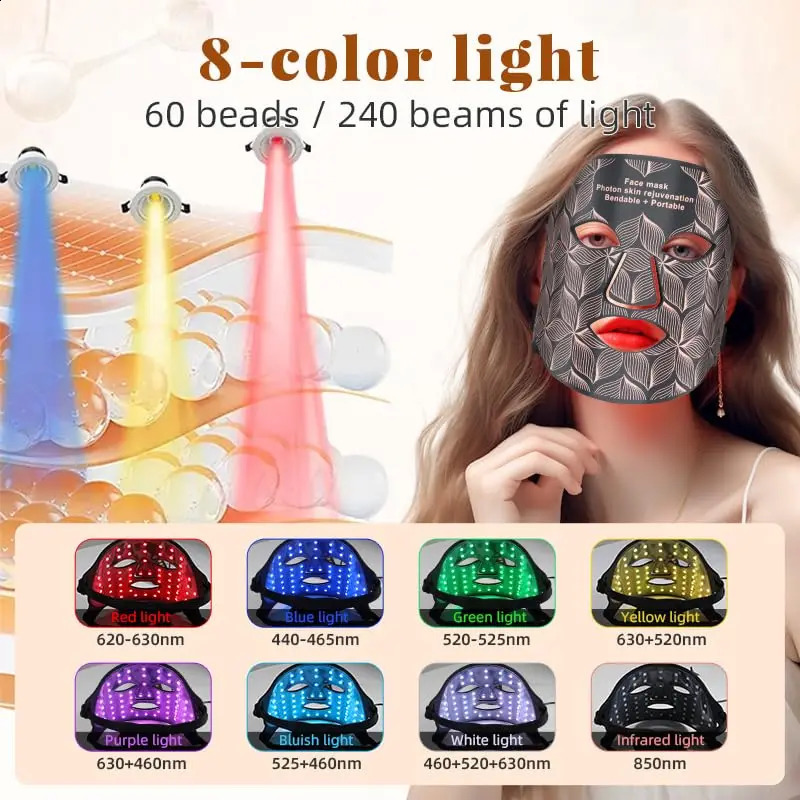 8 Colors Facial LED Mask with Neck Red Light Near Infrared Beauty Mask Aging Skin Rejuvenation 250528