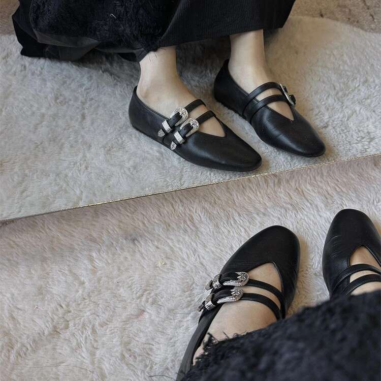Genuine Leather French Niche Double Metal Buckle V-Neck Flat Mary Jane Shoes Women Spring Autumn New Loafers