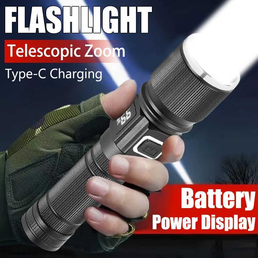 Bright Spotlight Long Range LED Flashlight Type-C Charging Strong Light Lamp Tactical Torch Waterproof Zoom Outdoor Lantern XJ250529