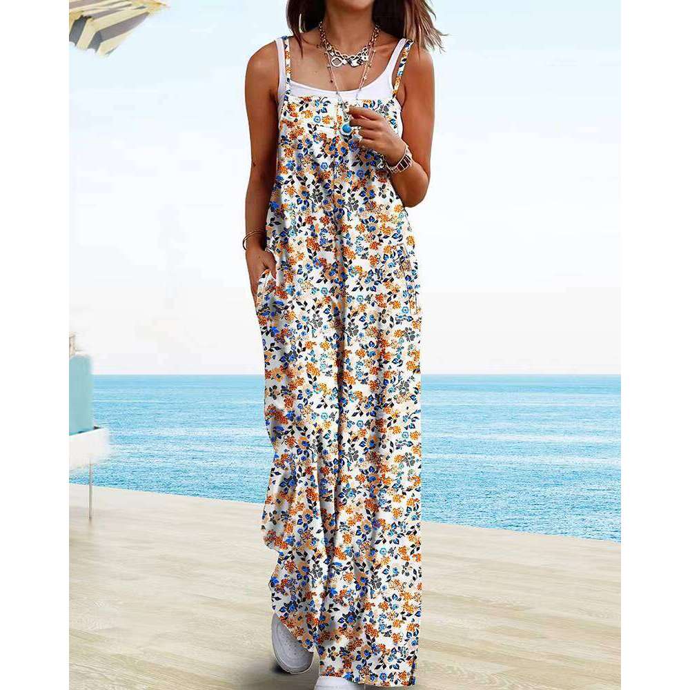Tad Women's Summer Bohemian Casual Wide Leg Cargo Pants with Print and Pockets Loose Jumpsuit