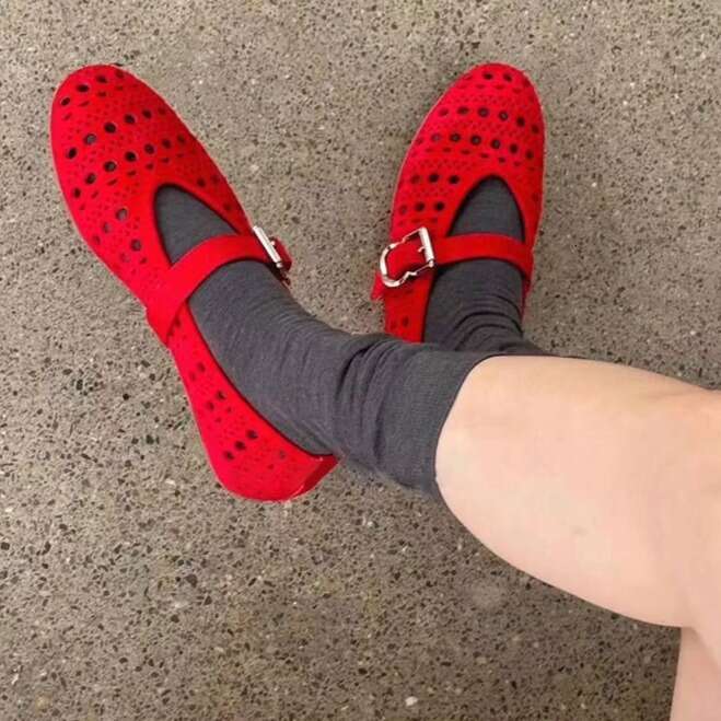 Genuine Leather Niche Carved Hollow Shallow Mouth Little Red One-Strap Mary Jane Single Women Summer Autumn Ballet Flat Shoes