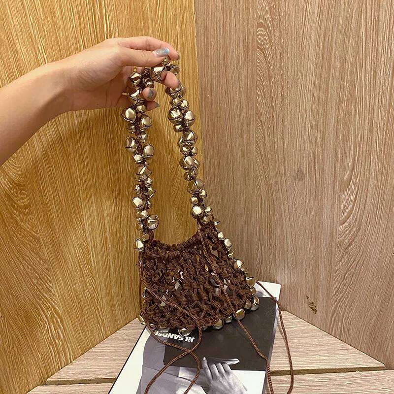 Women's Bags Designer Small Bell Shoulder Hollow Woven Bags For Women Rope Fishing Net Handbags And Purses Designer Drawstring Bag Flap NEW