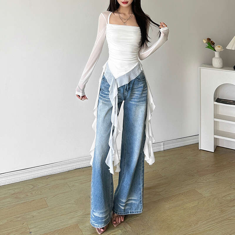 Autumn New Women's Fashion Sexy Square Neck Sheer Slim Fit Top With Ruffle Irregular T-Shirt B5