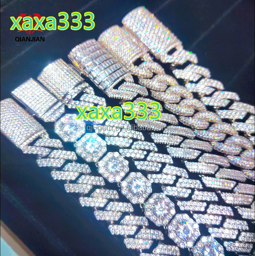 Qianjian Custom Hip Hop Moissanite Cuban Link Chain 925 Silver Diamond Iced Out Necklace