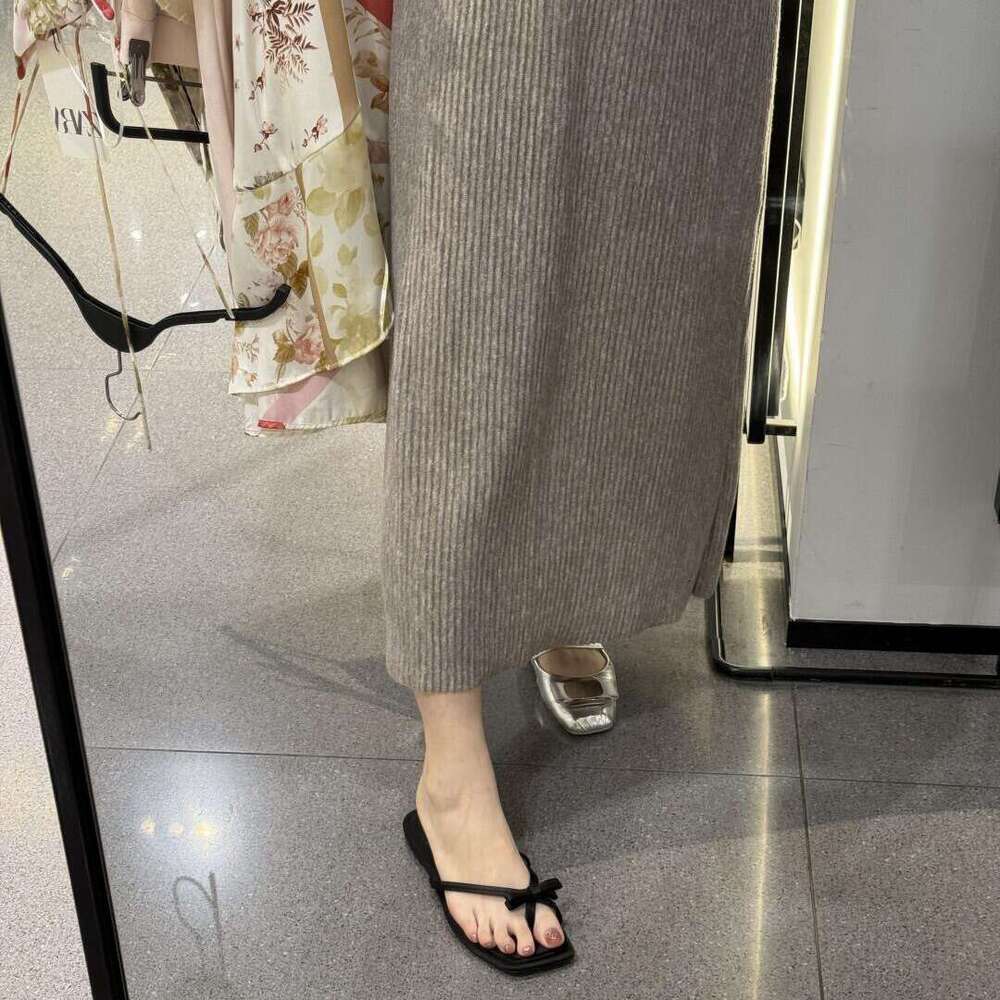 Genuine Leather Korean Style Square Flat Bowknot Toe Ring Slippers for Women Outdoor 2024 Summer New Beach Flip-Flops