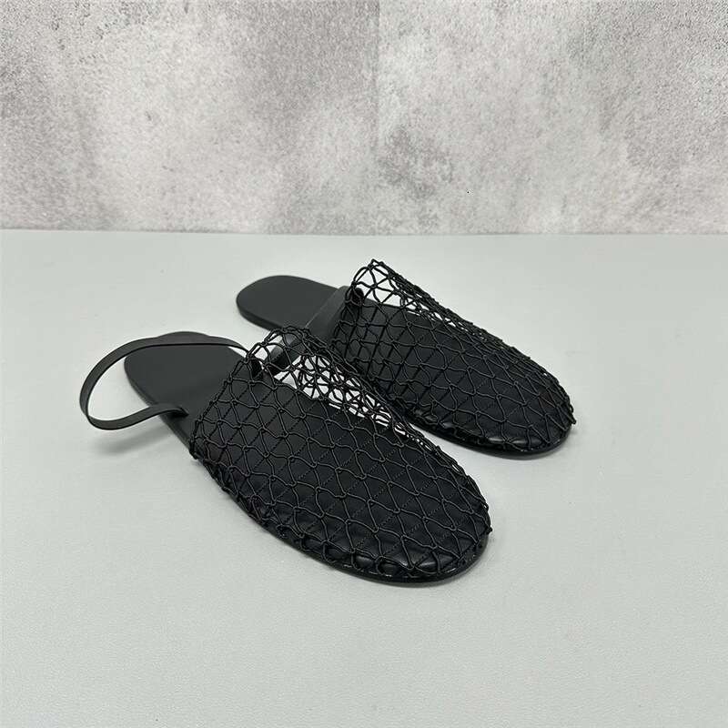 Niche Fishnet Woven Hollow Roman Sandals for Women Summer New Fisherman Flat Round Closed Toe Half Slippers
