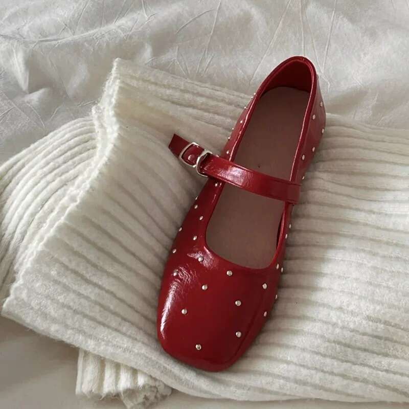 Genuine Leather Korean Style Studded Square Toe Mary Jane for Women 2025 Spring Versatile Flat Shallow Mouth Red Single Shoes