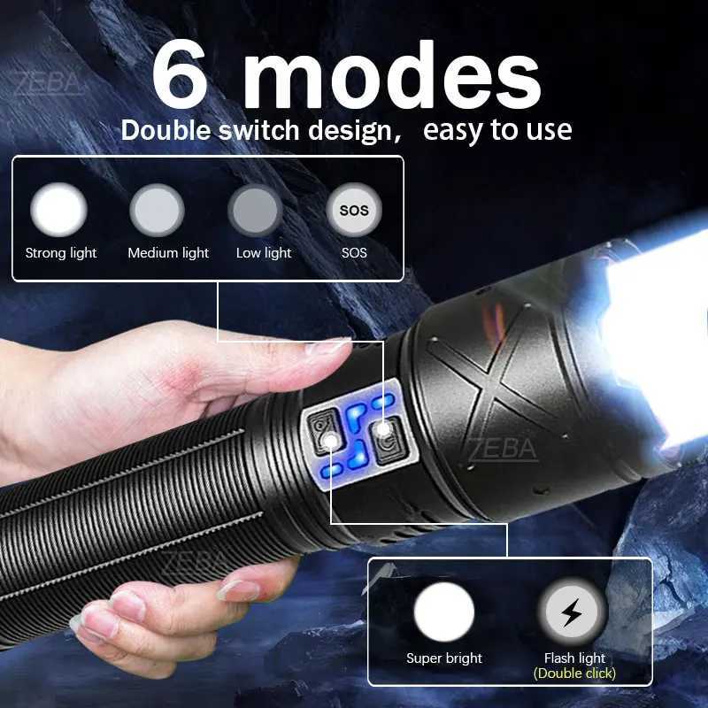 16000mAh High Power LED Flashlights Type-C Rechargeable LED Torch Zoomable Ultra Powerful Flashlight Outdoor Tactical LanternXJ250529