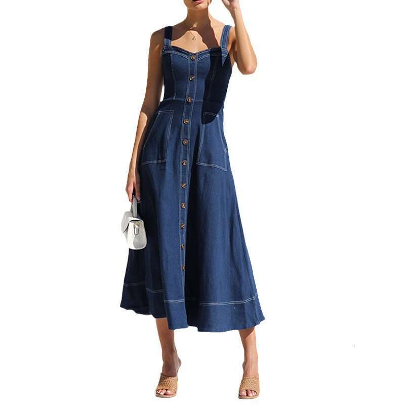 Autumn Winter Vintage Style Button Denim Long Dress With Straps B5