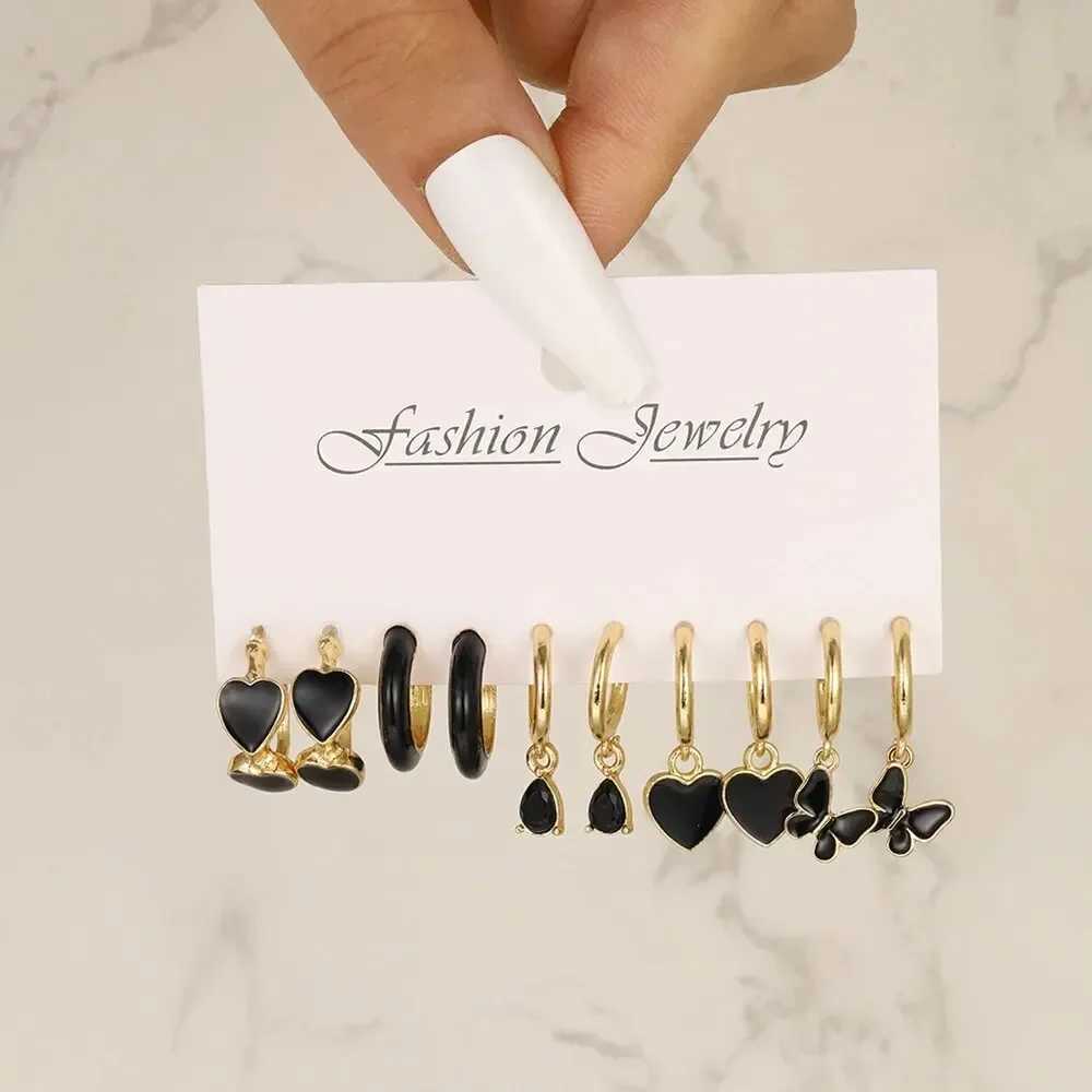 Simple 11 Pcs Black Heart Leaf Butterfly Earrings Set for Women Fashion Temperament Hoop Earring Holiday Wedding Jewelry Gift L250527