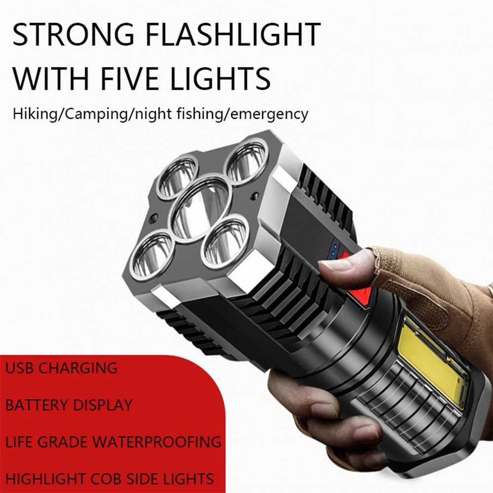 High Power LED Flashlights Camping Torch With 4 Lamp Beads And COB Side Light Rechargeable Portable Hand Lantern 4 Lighting Modes XJ250529