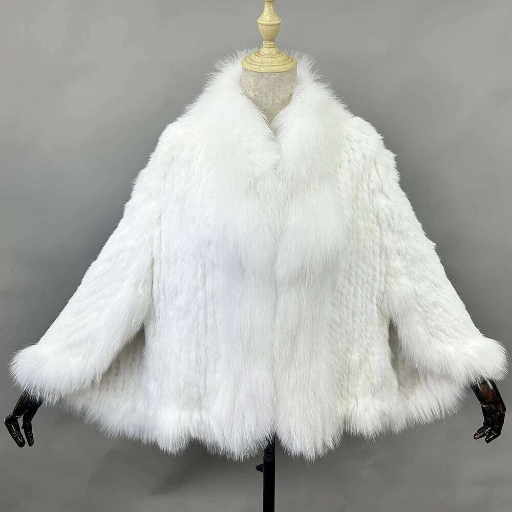 Autumn Winter Ladies' Genuine Knitted Rabbit Shawls Fox Collar Women Fur Pashmina Wraps Bridal Cape Coat Jacket
