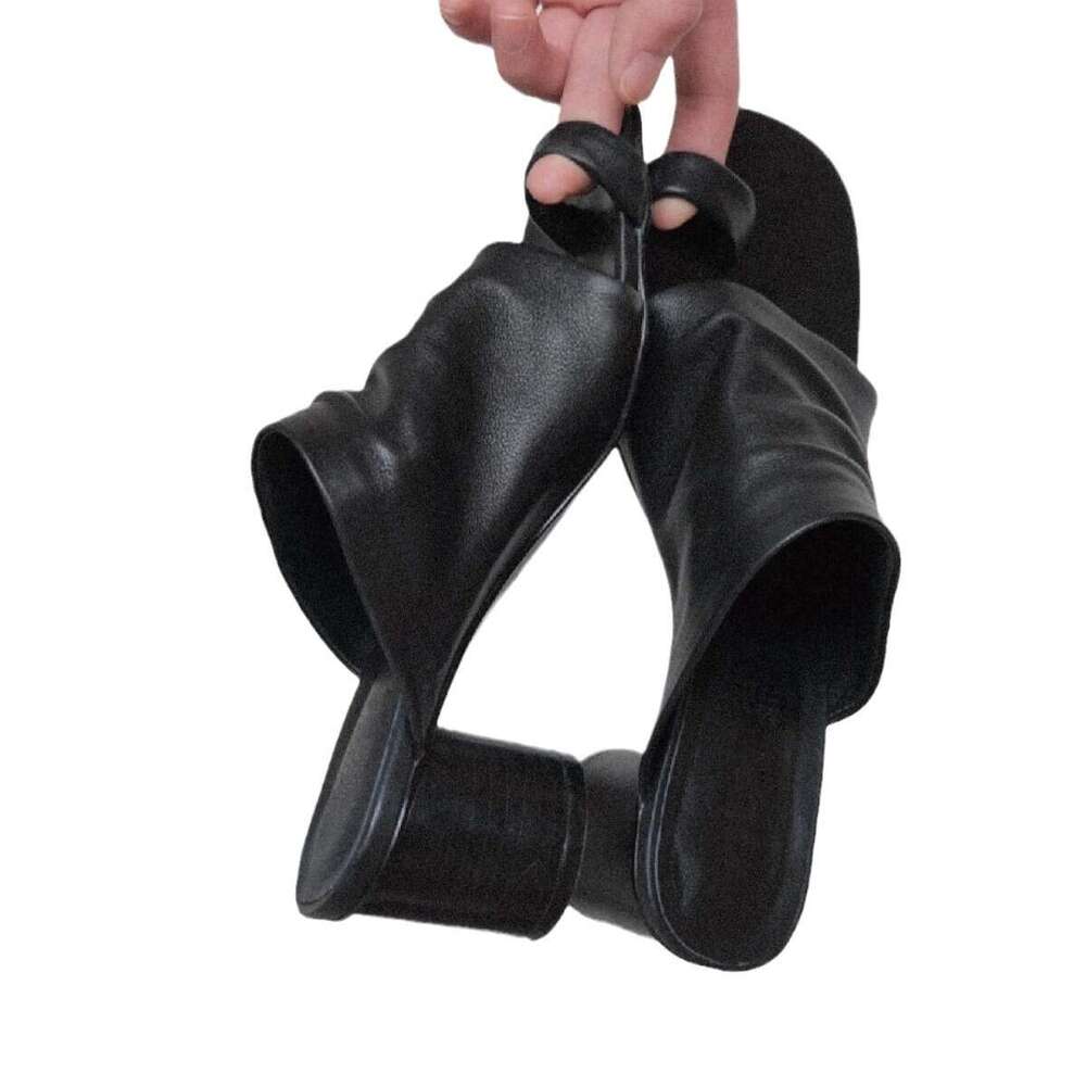Genuine Leather Korean Style 2024 Summer New Square Toe Folded High Chunky Heel Sandals for Women Fashionable Outdoor Slippers